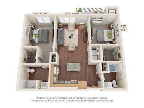 Floor plan for 2 beds, 2 baths, 1050 sqft
